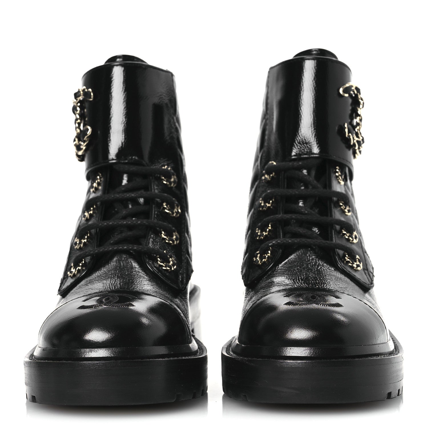 Chanel Shiny Calfskin Quilted Lace Up Combat Boots 36 Black 3 of 12