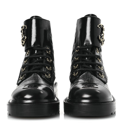 Chanel Shiny Calfskin Quilted Lace Up Combat Boots 36 Black 3 of 12