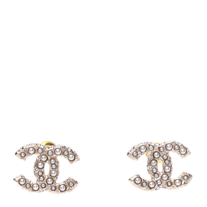 Chanel Metal Graduated Pearl Crystal CC Earrings Light Gold 1 of 5