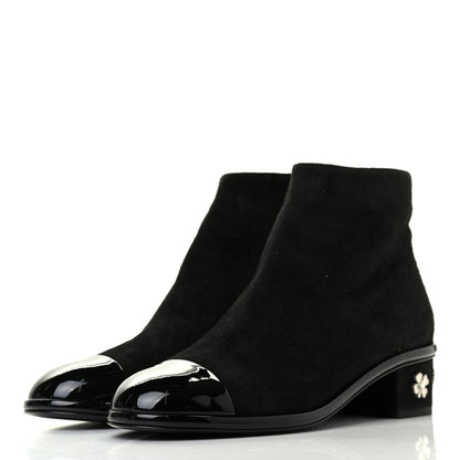 Chanel Kid Suede Patent Calfskin Charm Cap Toe Short Boots 38.5 Black 3 of 8