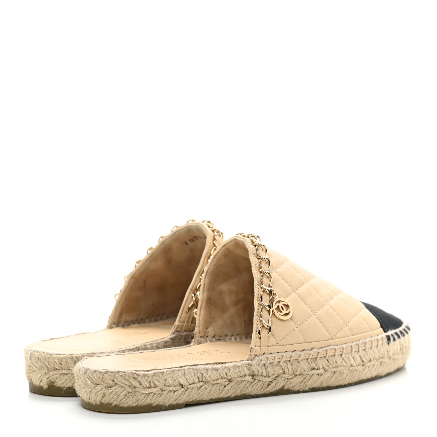 Chanel Lambskin Grosgrain Quilted CC Chain Espadrille Mules 36 Beige Black 3 of 6