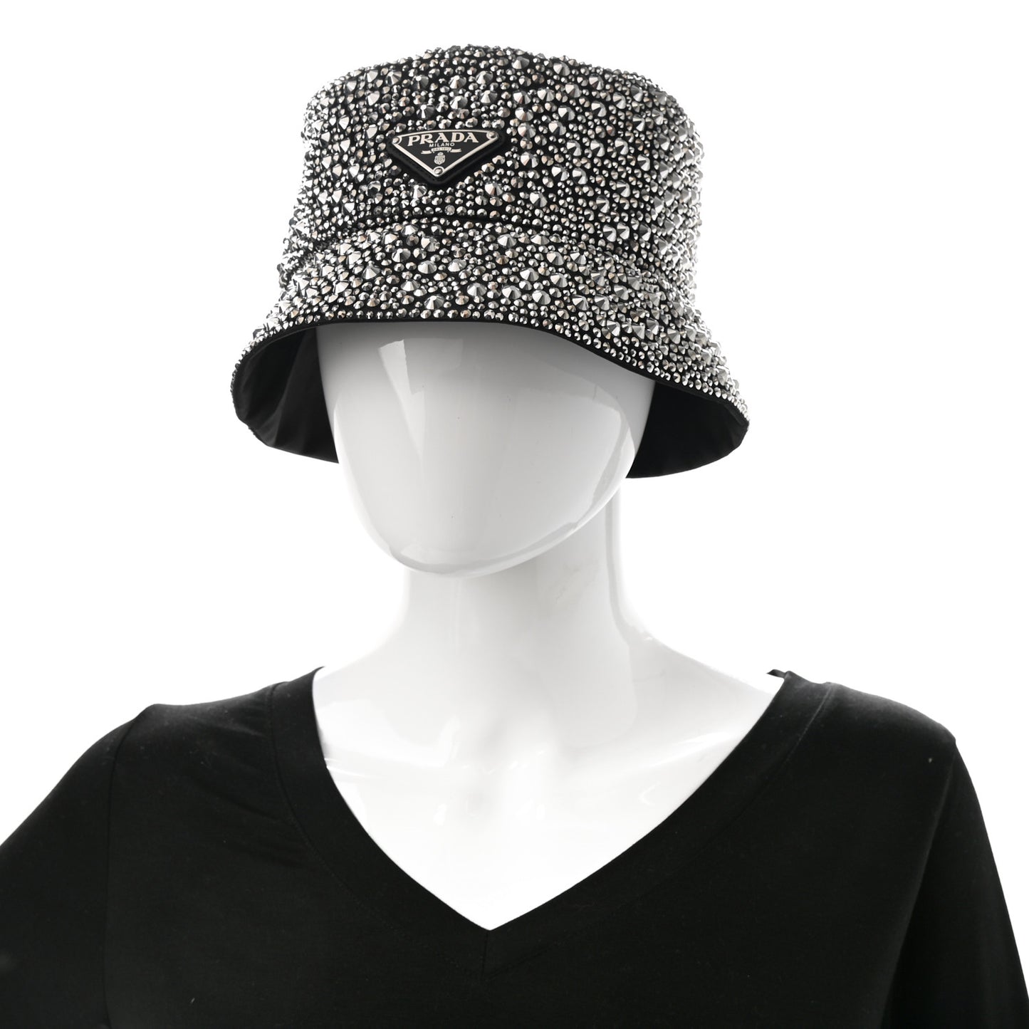 Satin Crystal Metal Triangle Logo Womens Bucket Hat M Metal