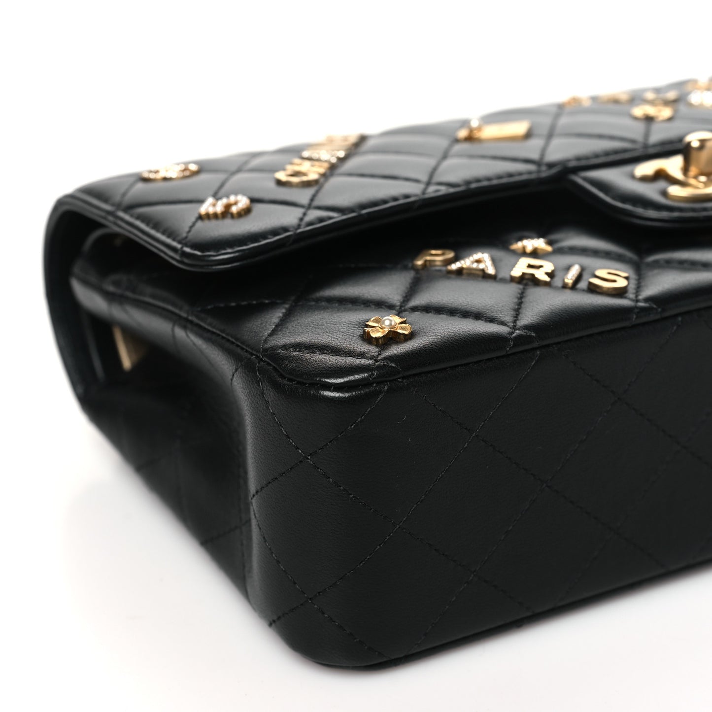Lambskin Quilted Medium Rue Cambon Charms Double Flap Black