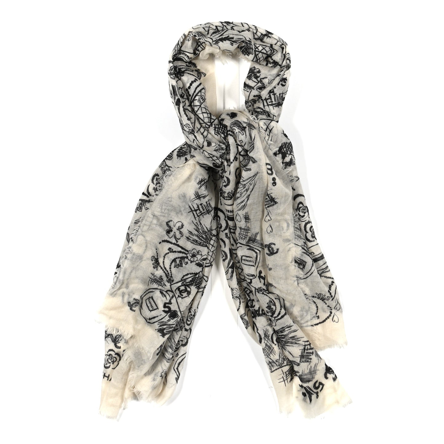 Cashmere Graffiti Print CC Logo Stole Ecru Black