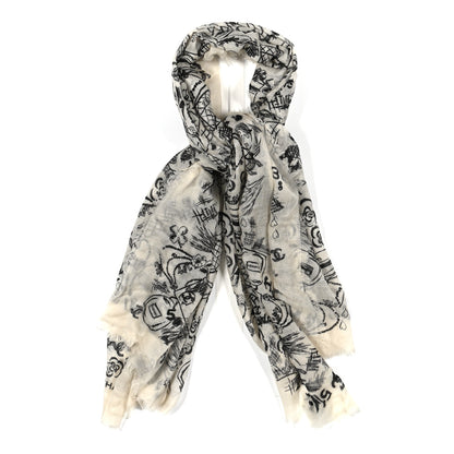 Chanel Cashmere Graffiti Print CC Logo Stole Ecru Black 1 of 5