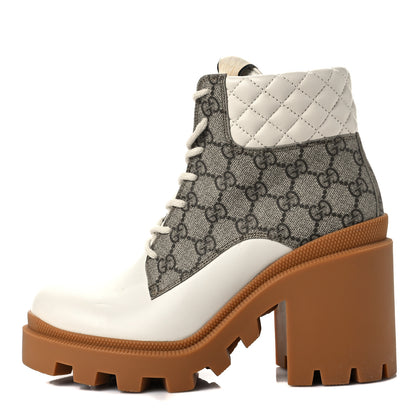 Gucci Calfskin GG Supreme Monogram Nappa Quilted Lace Up Ankle Boots 38 Mystic White Beige 1 of 7