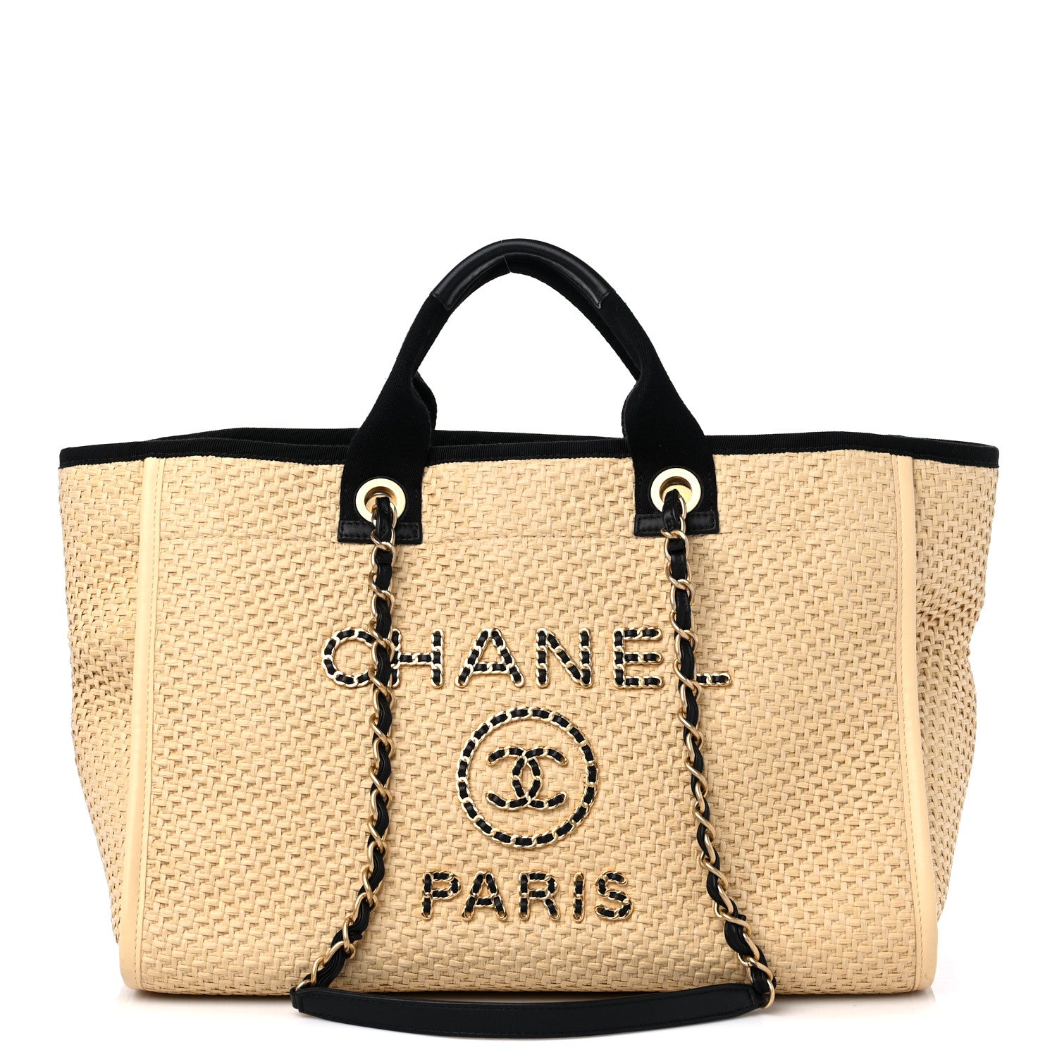 Chanel Straw Raffia Calfskin Chain Medium Deauville Tote Beige Black 1 of 10