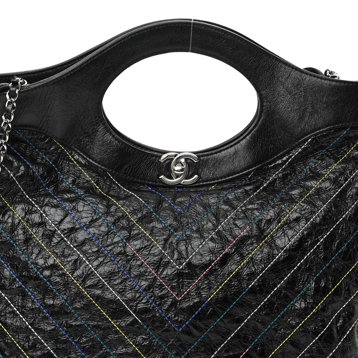 Glazed Calfskin Chevron Stitched Large 31 Shopping Bag Black