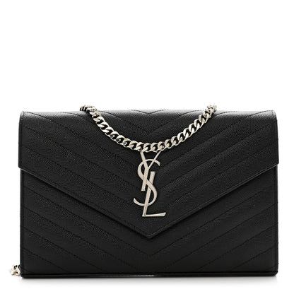 Saint Laurent Grain De Poudre Matelasse Chevron Monogram Chain Wallet Black 1 of 12