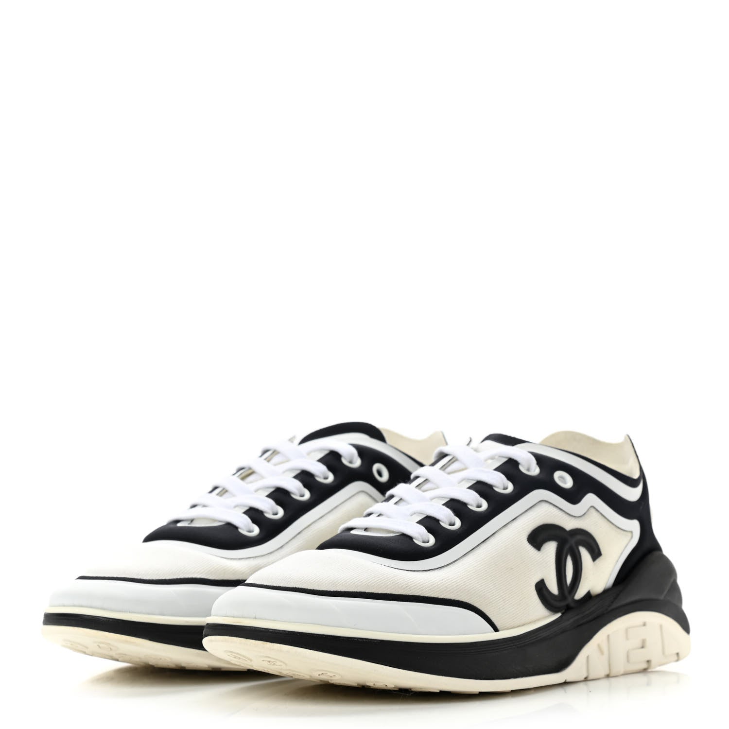 Chanel Lycra Womens CC Sneakers 40 White Black 3 of 10