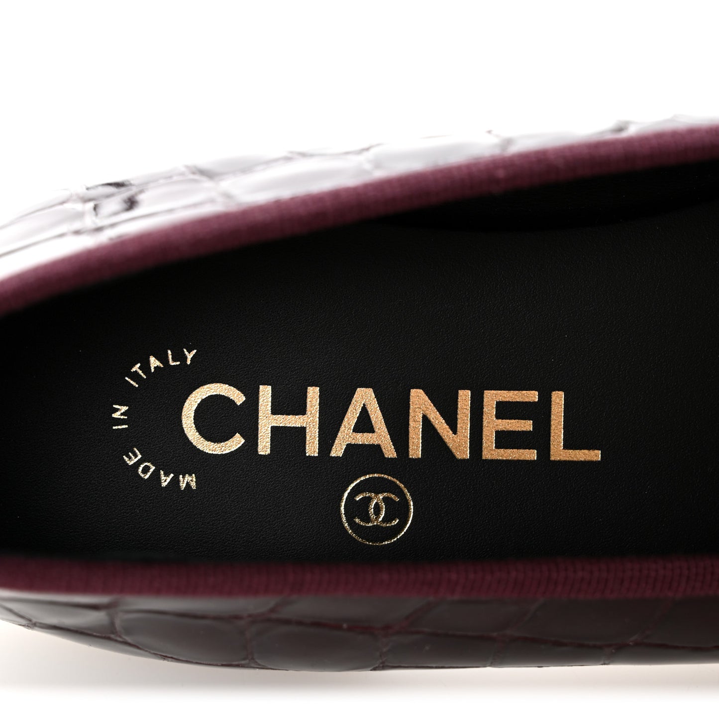 Crocodile Embossed Patent Calfskin Cap Toe CC Ballerina Flats 37.5 Dark Burgundy Black