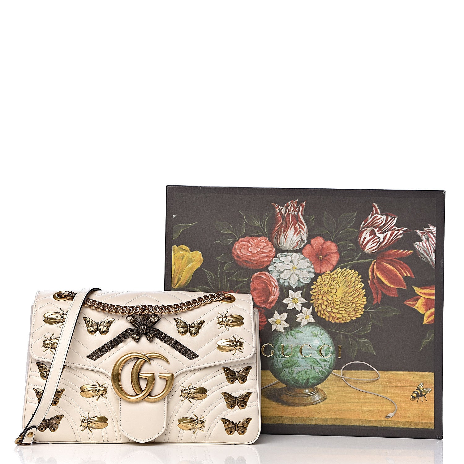Gucci Calfskin Matelasse Animal Studs Medium GG Marmont Shoulder Bag Mystic White 14 of 14