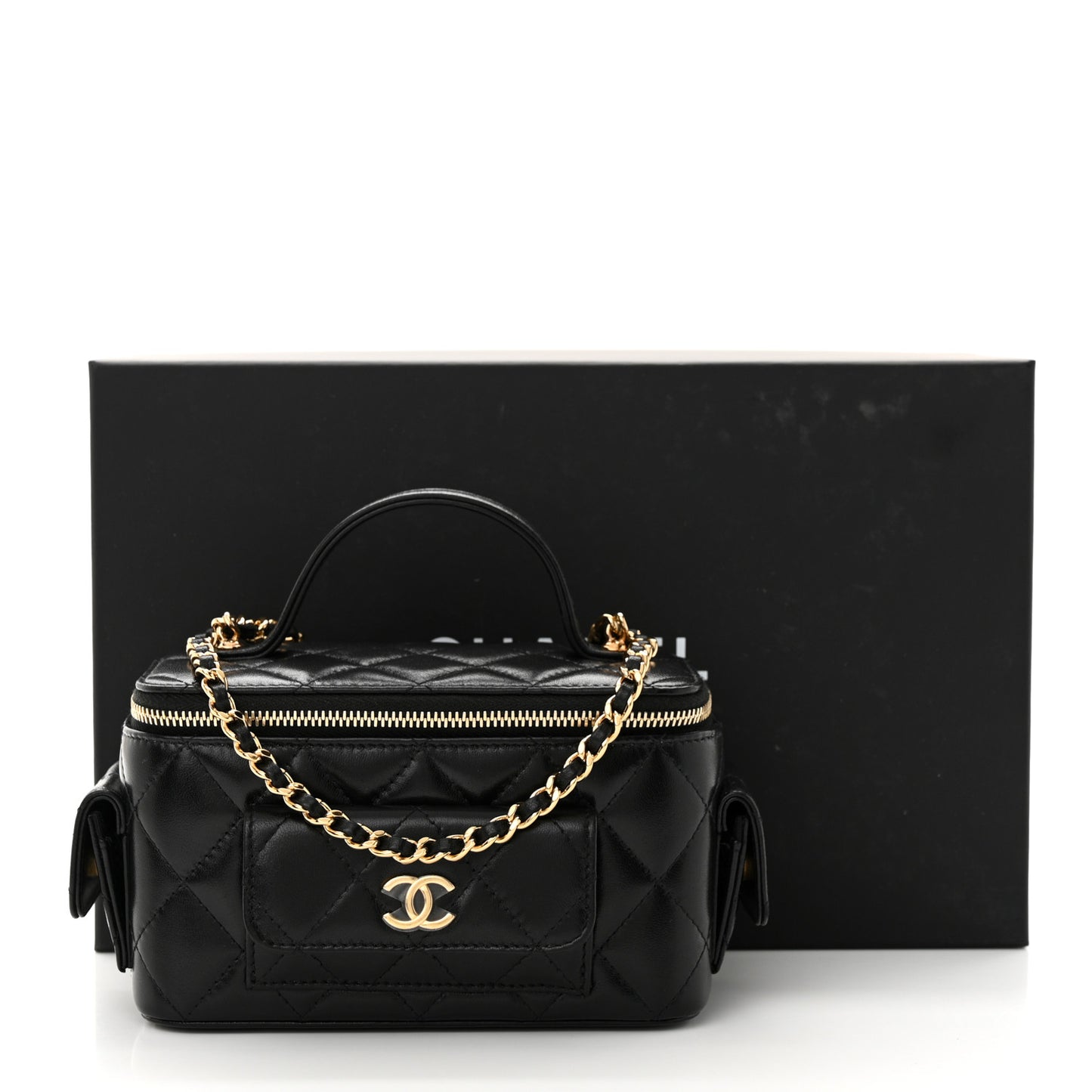 Lambskin Quilted Polly Pocket East West Top Vanity With Chain Black