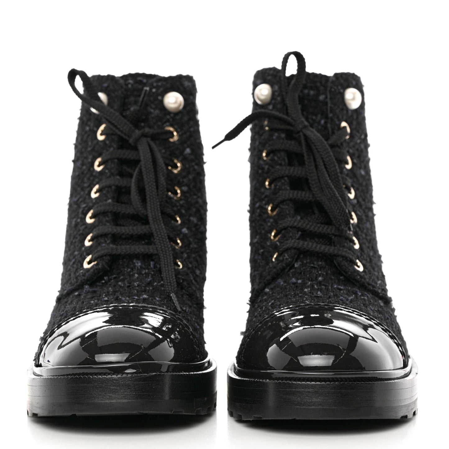 Tweed Patent Calfskin Pearl Combat Short Boots 39 Black Grey Blue