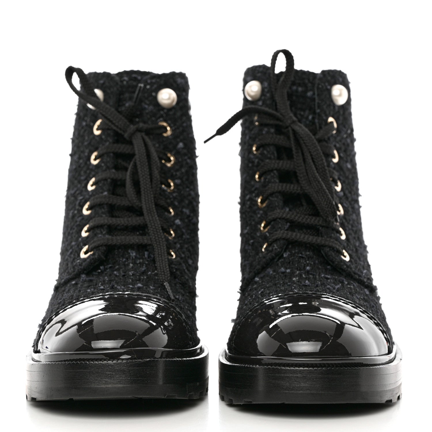 Chanel Tweed Patent Calfskin Pearl Combat Short Boots 39 Black Grey Blue 2 of 9
