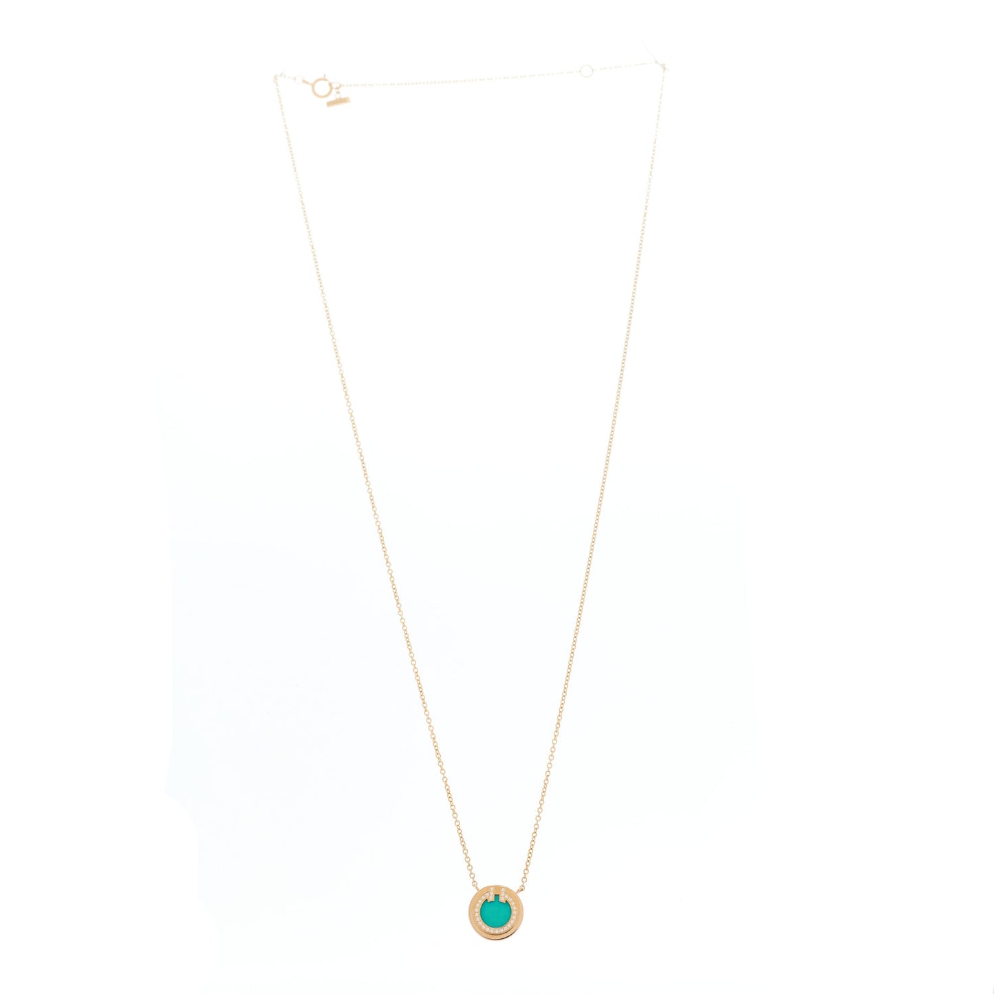 18K Rose Gold Diamond Turquoise Small T Circle Pendant Necklace