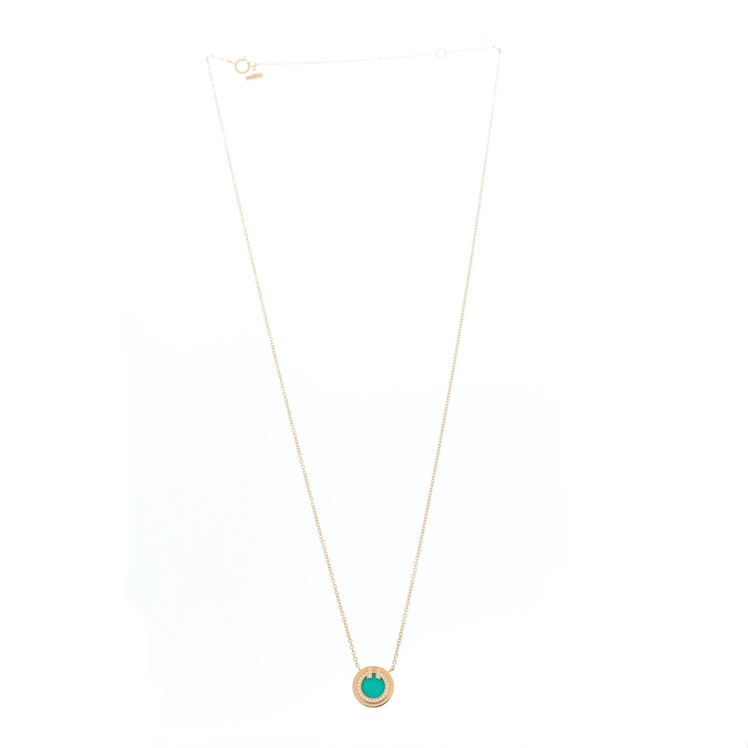 Tiffany 18K Rose Gold Diamond Turquoise Small T Circle Pendant Necklace 3 of 7