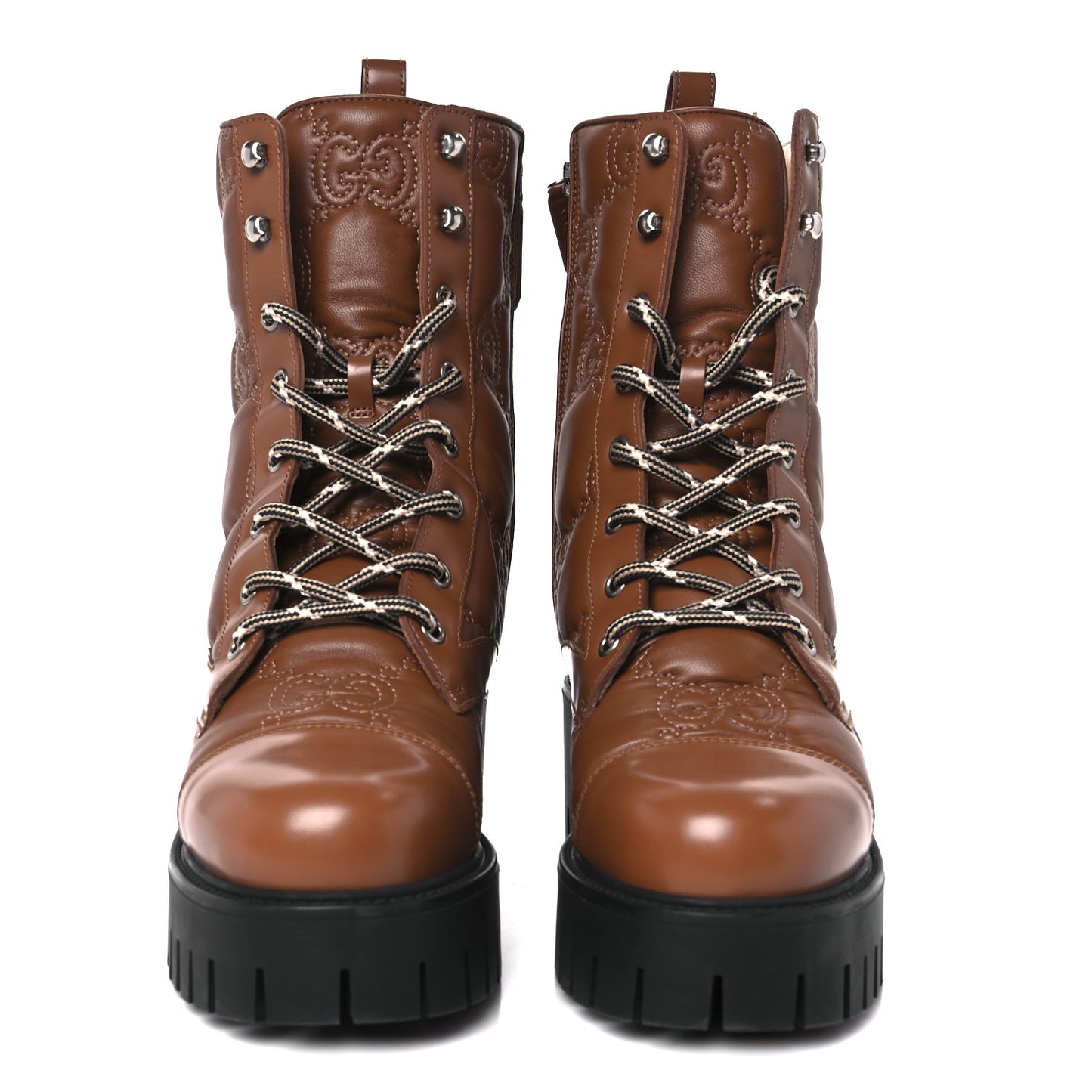 Cordovan Lux Nappa GG Matelasse Lace Up 60mm Combat Boots 39.5 Dark Hazel Brown