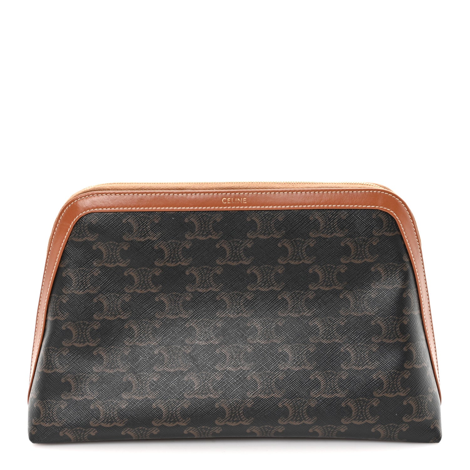Celine Triomphe Canvas Calfskin Large Cosmetic Pouch Tan 1 of 7