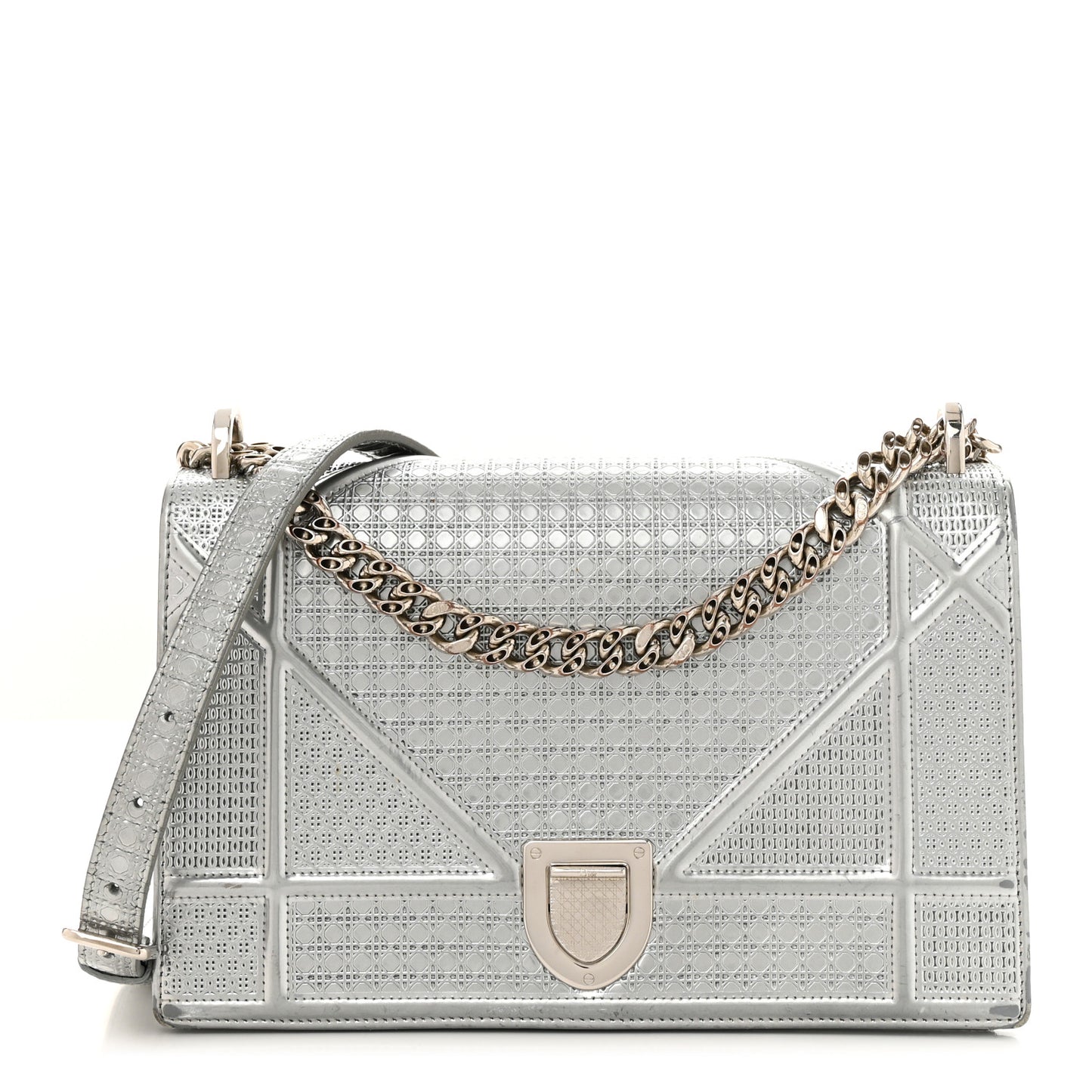 Metallic Patent Micro-Cannage Medium Diorama Flap Bag Silver