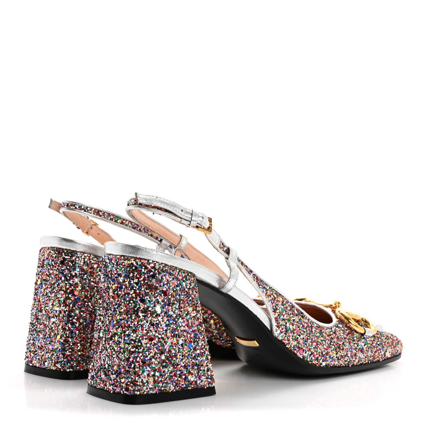 Gucci Glitter Nappa Silk Horsebit 75mm Slingback Pumps 41 Multicolor Argento 5 of 9