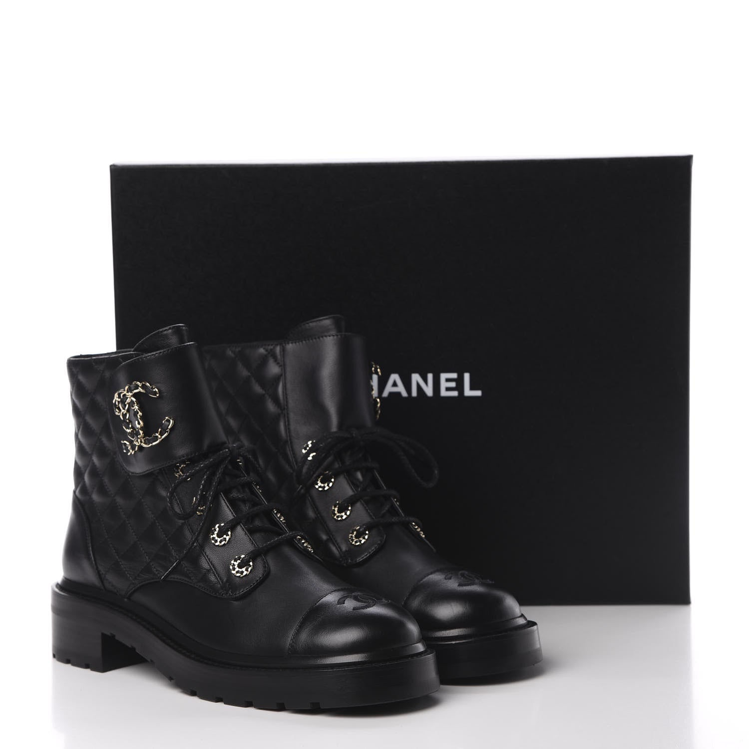 Chanel Shiny Goatskin Calfskin Quilted Lace Up Combat Boots 40 Black 9 of 9