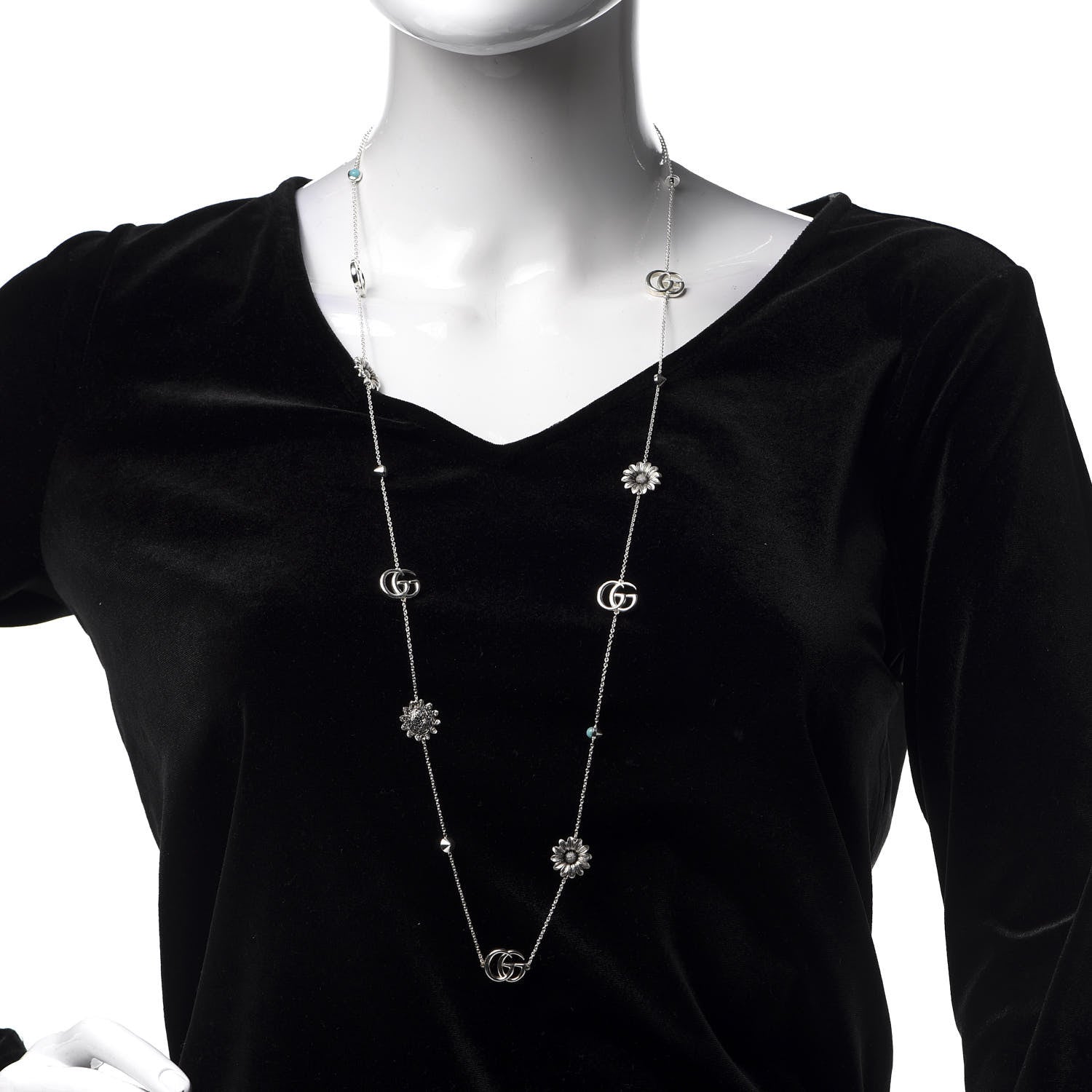 Gucci Sterling Silver Mother of Pearl Topaz GG Marmont Flower Station Necklace 2 of 5