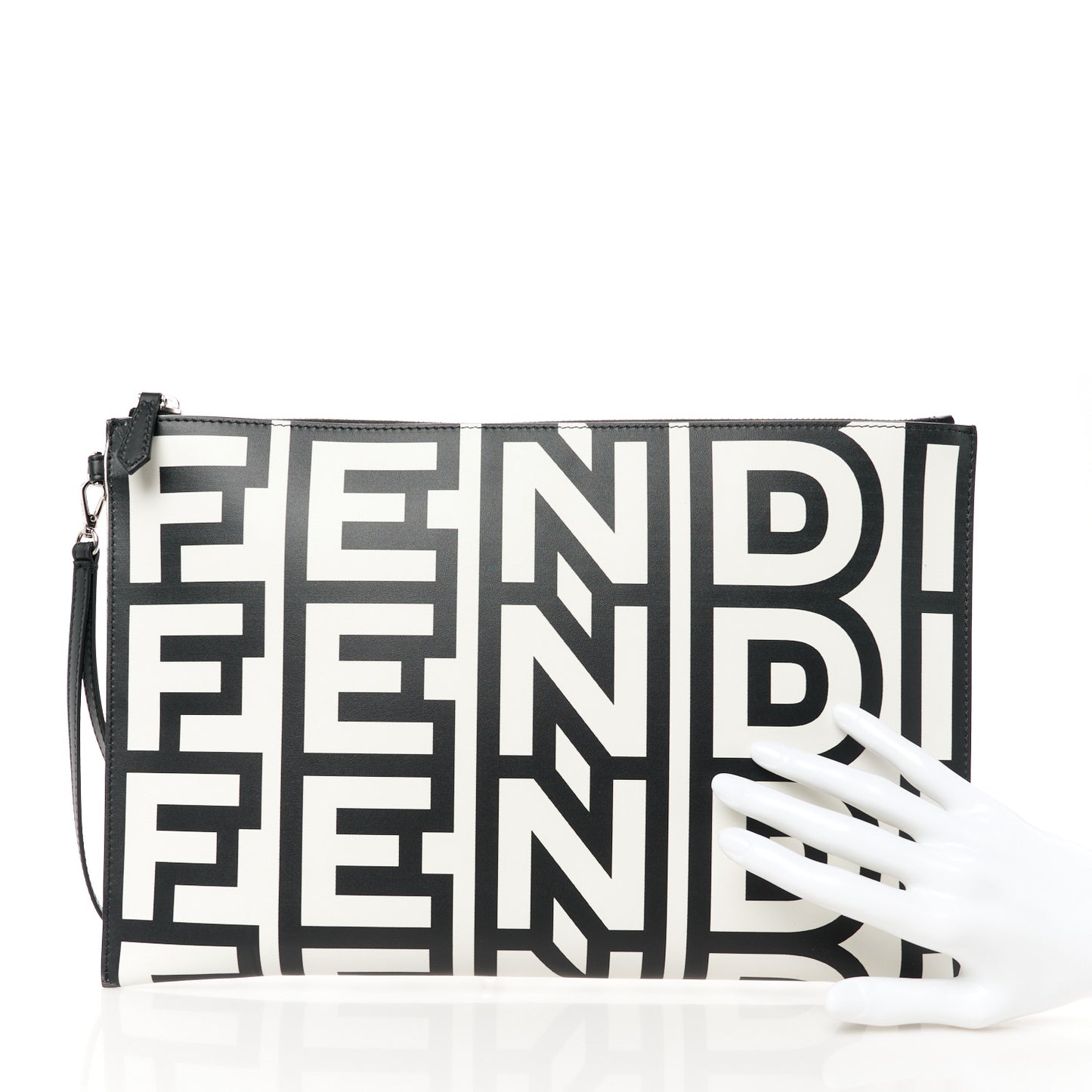 X MARC JACOBS Nappa Vitello King Logo Print Large Flat Pouch Black White