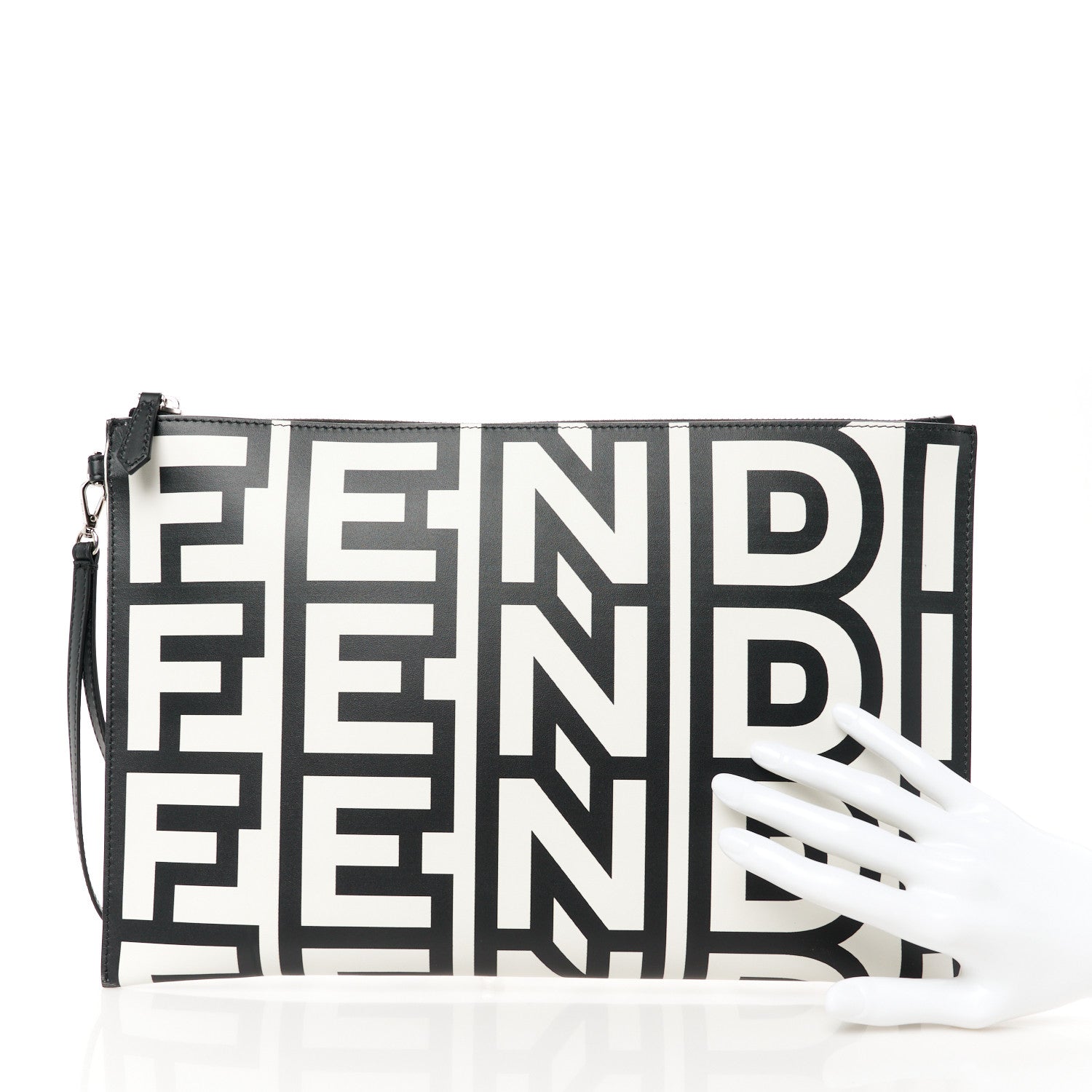 Fendi X MARC JACOBS Nappa Vitello King Logo Print Large Flat Pouch Black White 2 of 9