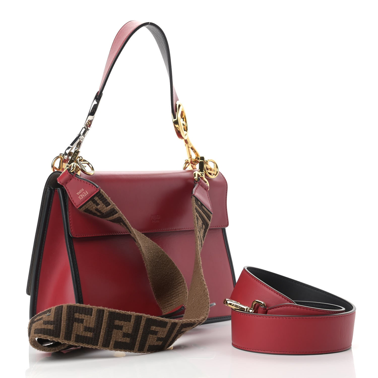 Fendi Vitello Century F is Fendi Bi-Color FF 1974 Embossed Kan I Shoulder Bag Fragola Maya Black 3 of 18
