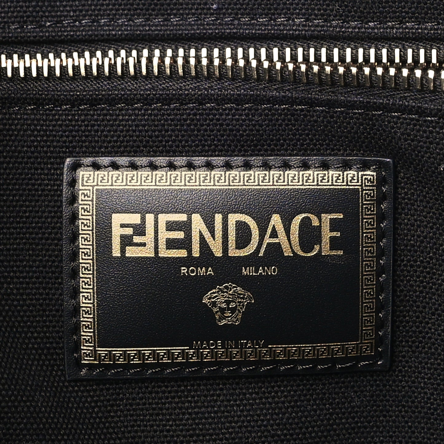X VERSACE Cotton Canvas Cuoio Romano Fendace Logo Embroidered Signature Shopping Tote Black Gold