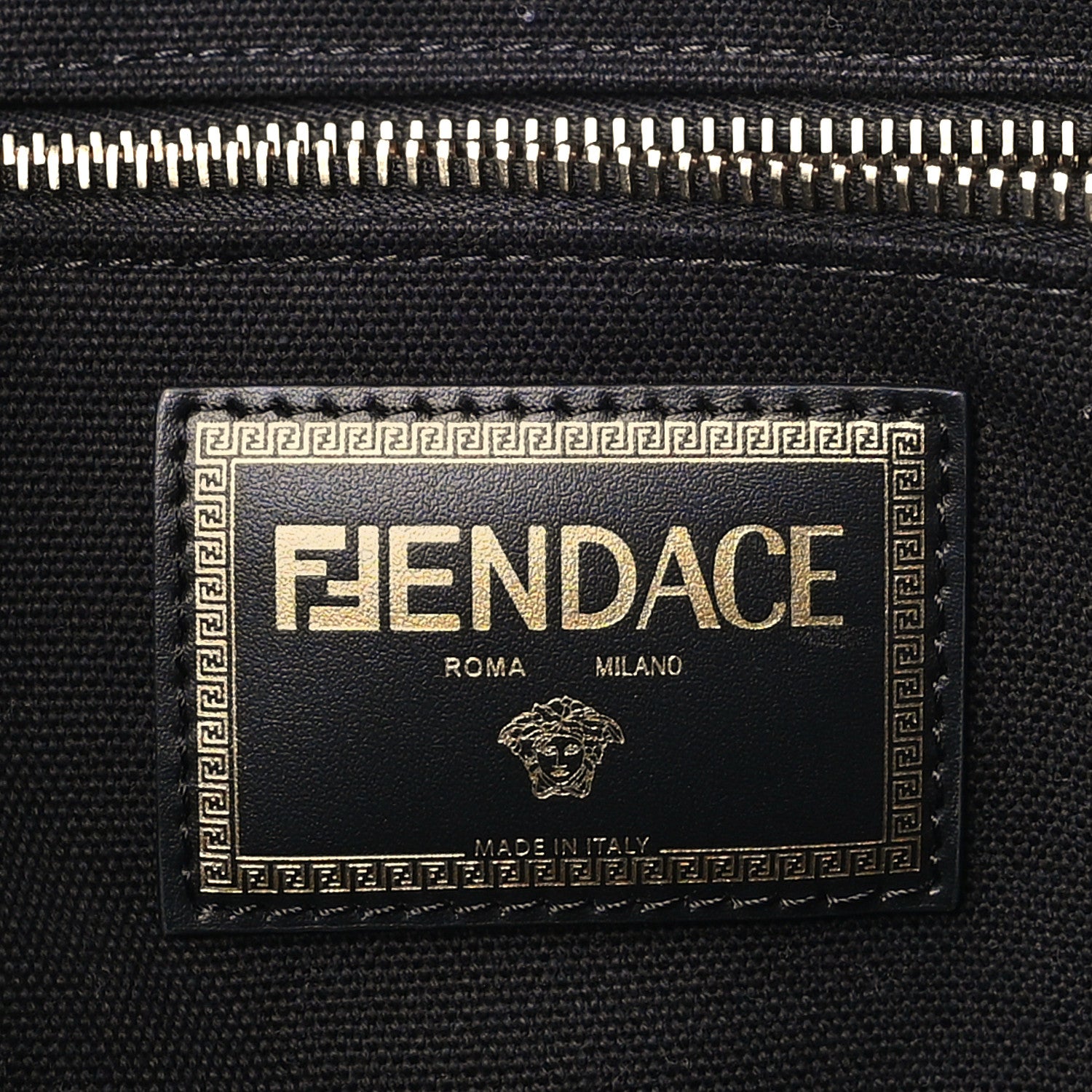 Fendi X VERSACE Cotton Canvas Cuoio Romano Fendace Logo Embroidered Signature Shopping Tote Black Gold 6 of 8