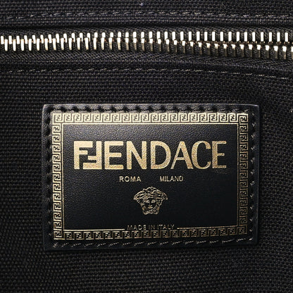 Fendi X VERSACE Cotton Canvas Cuoio Romano Fendace Logo Embroidered Signature Shopping Tote Black Gold 6 of 8