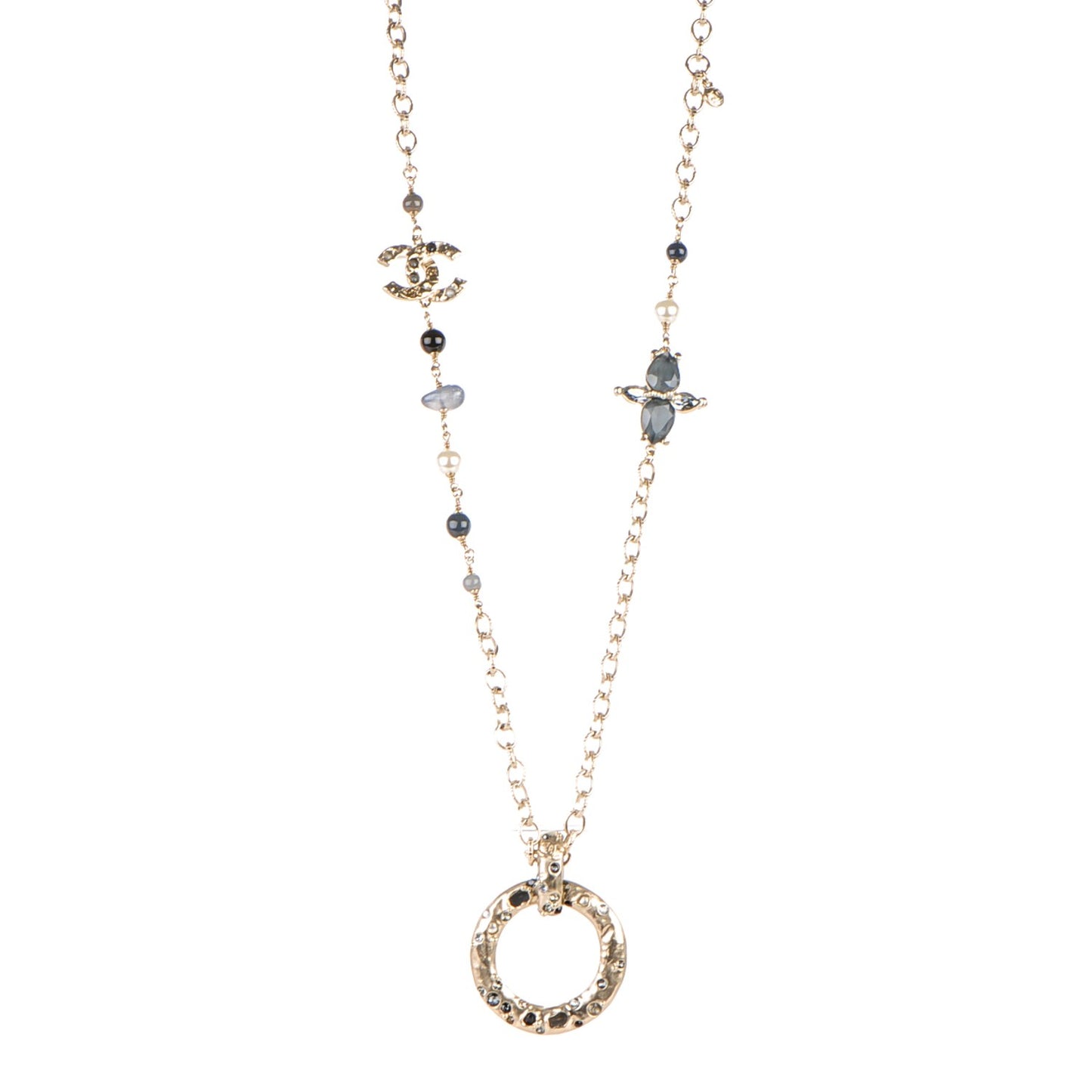Pearl Crystal Bead CC Long Necklace Gold Grey Multicolor