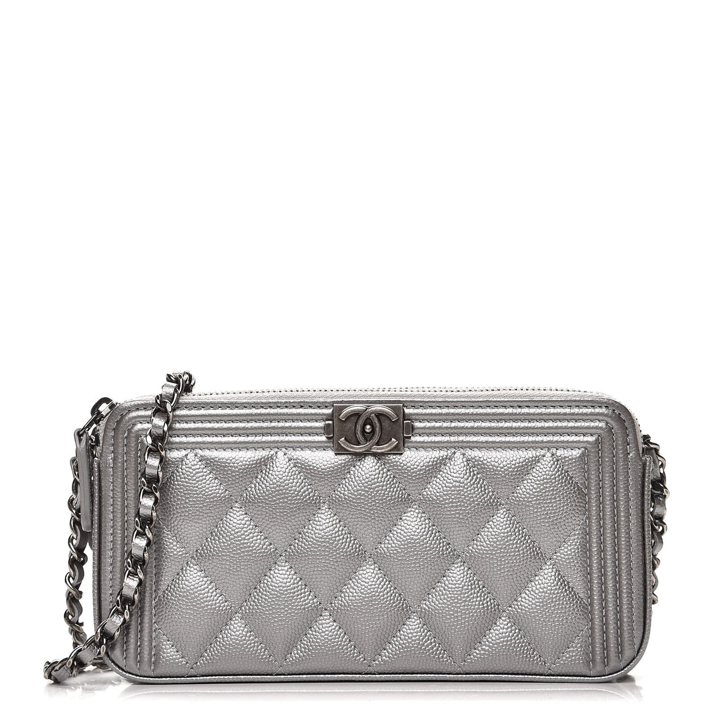 Metallic Caviar Quilted Small Boy Clutch With Chain Silver