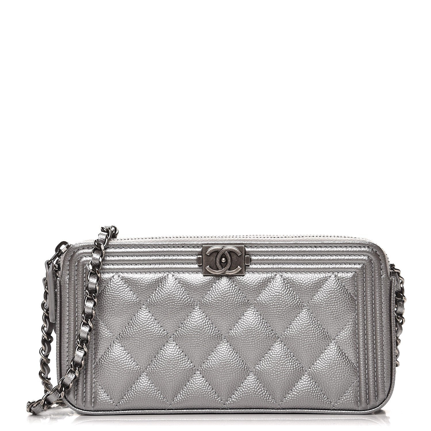 Chanel Metallic Caviar Quilted Small Boy Clutch With Chain Silver 1 of 9