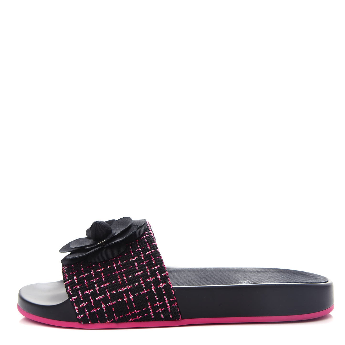 Tweed Grosgrain Camellia CC Flat Mules 37 Black Pink