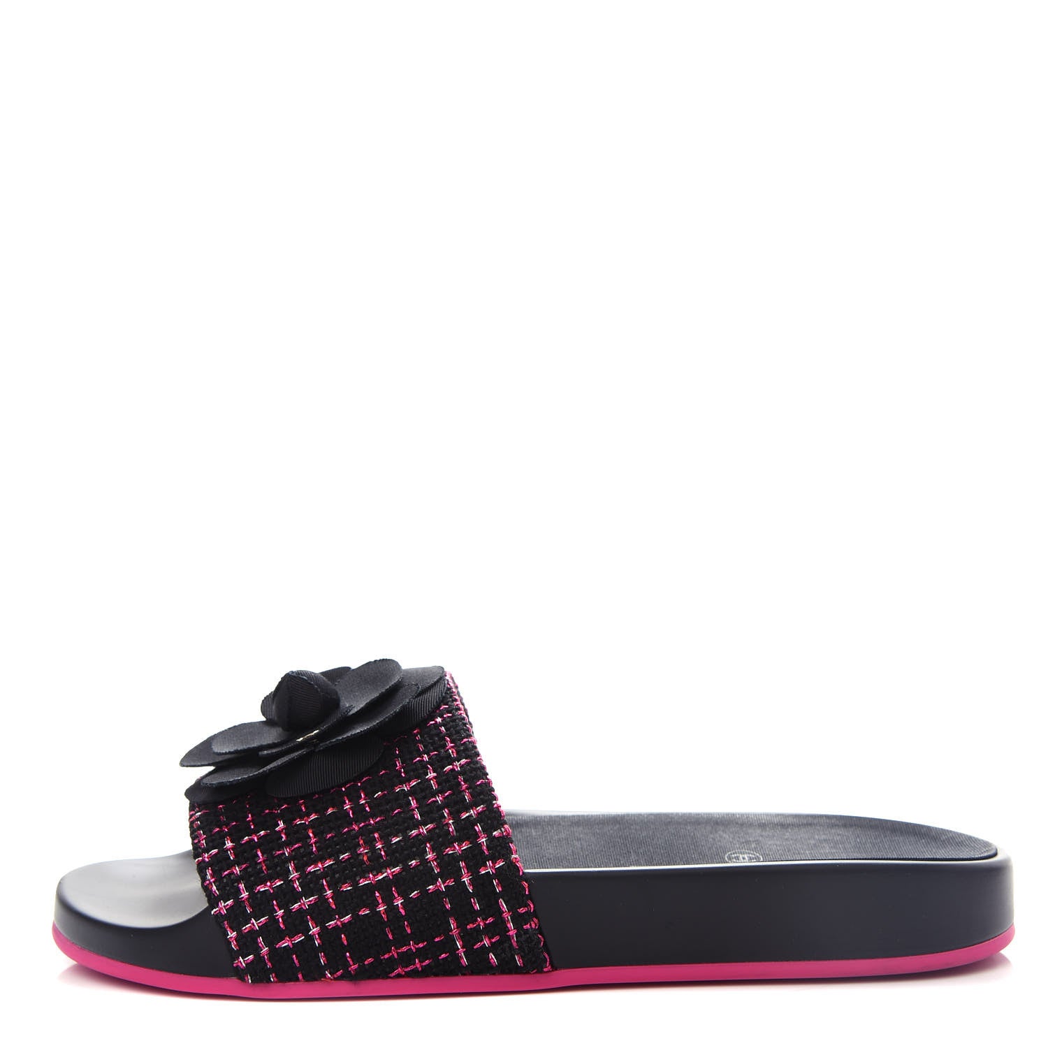 Chanel Tweed Grosgrain Camellia CC Flat Mules 37 Black Pink 1 of 11
