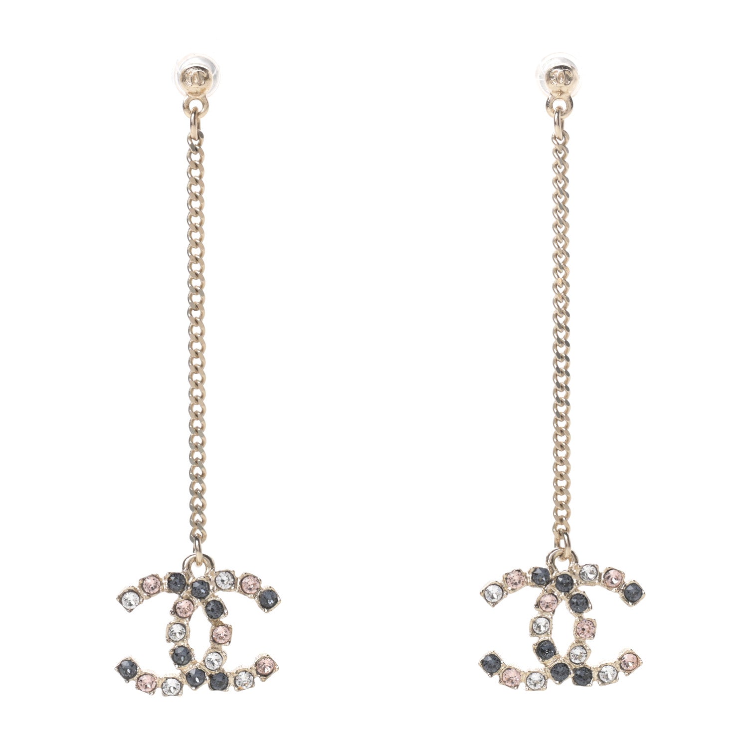 Chanel Crystal CC Drop Earrings Pink Grey Gold 1 of 5