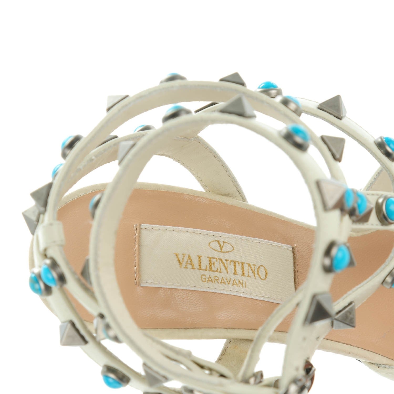 Valentino Garavani Alce Printed Calfskin Rockstud Rolling Ankle Strap Pumps 34 Ivory 8 of 8