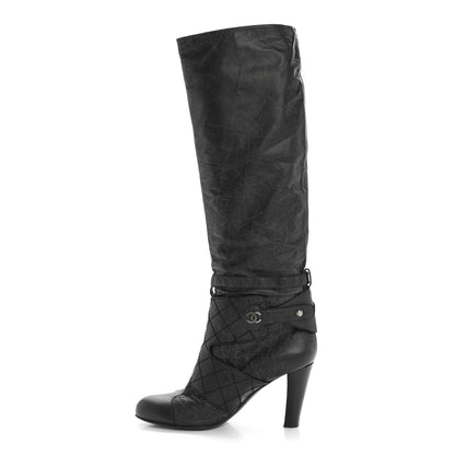 Chanel Aged Calfskin Quilted Knee High CC Boots 38.5 Black 1 of 12