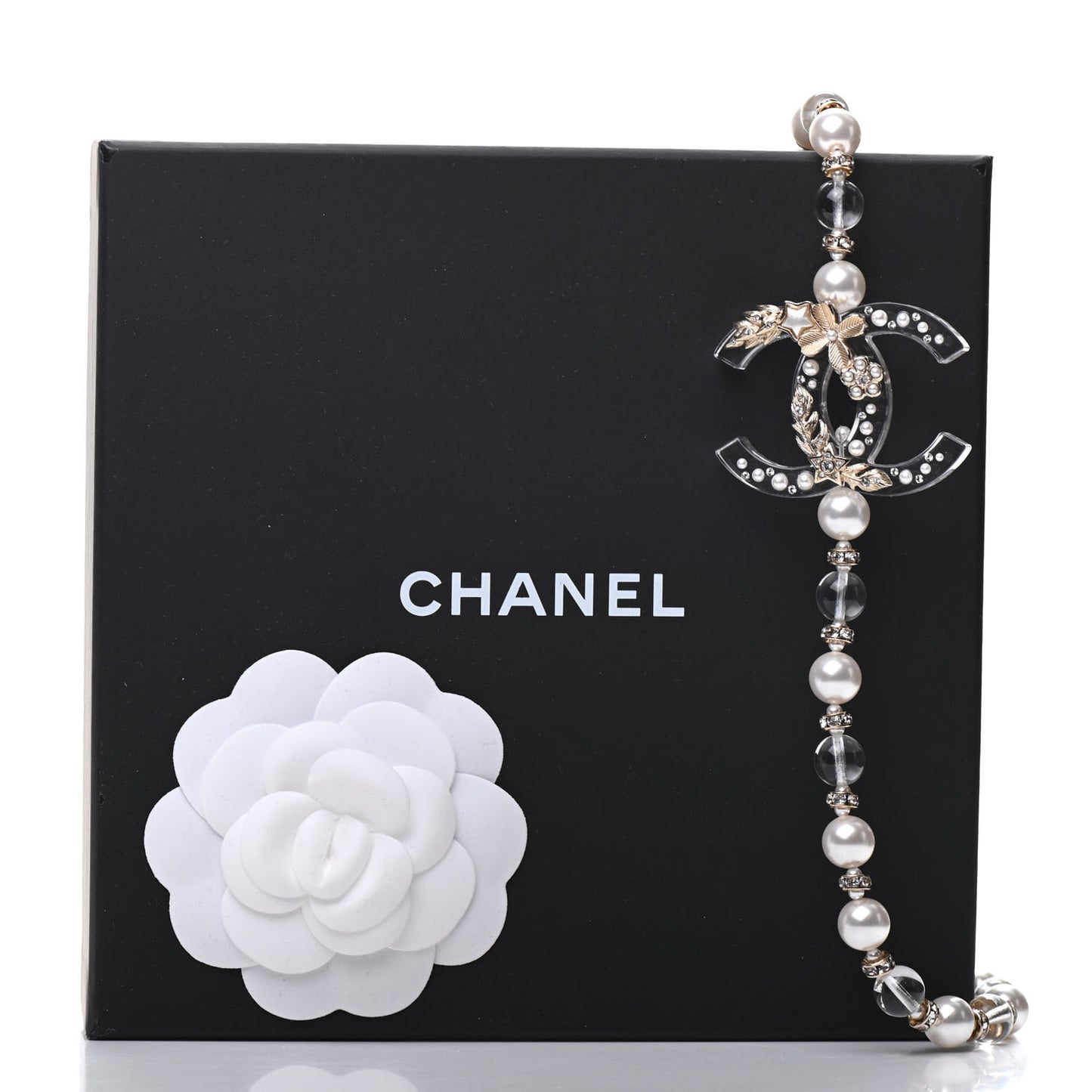 Resin Pearl Crystal CC Long Necklace Transparent Gold