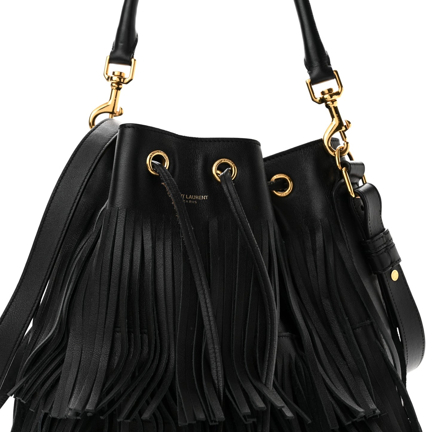 Calfskin Small Emmanuelle Fringe Bucket Bag Black