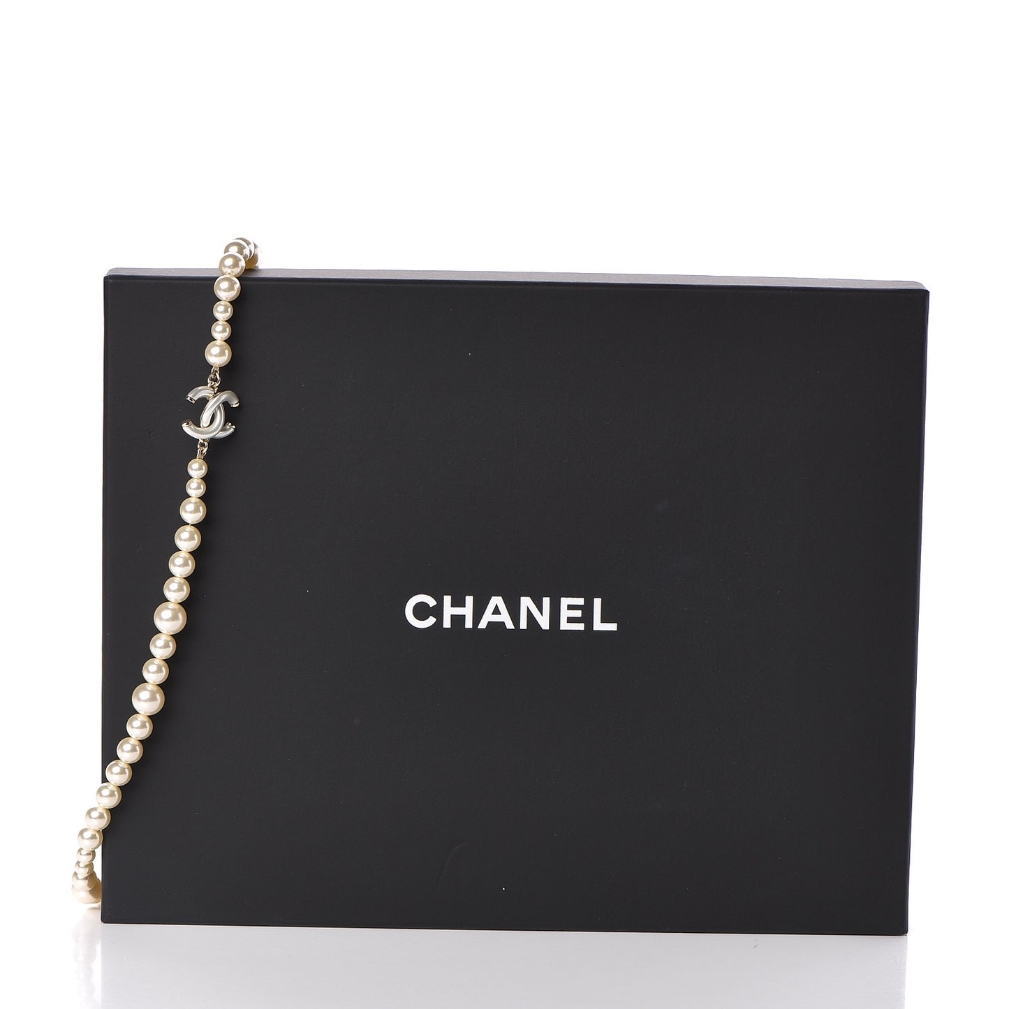 Graduated Pearl CC Long Necklace Light Gold