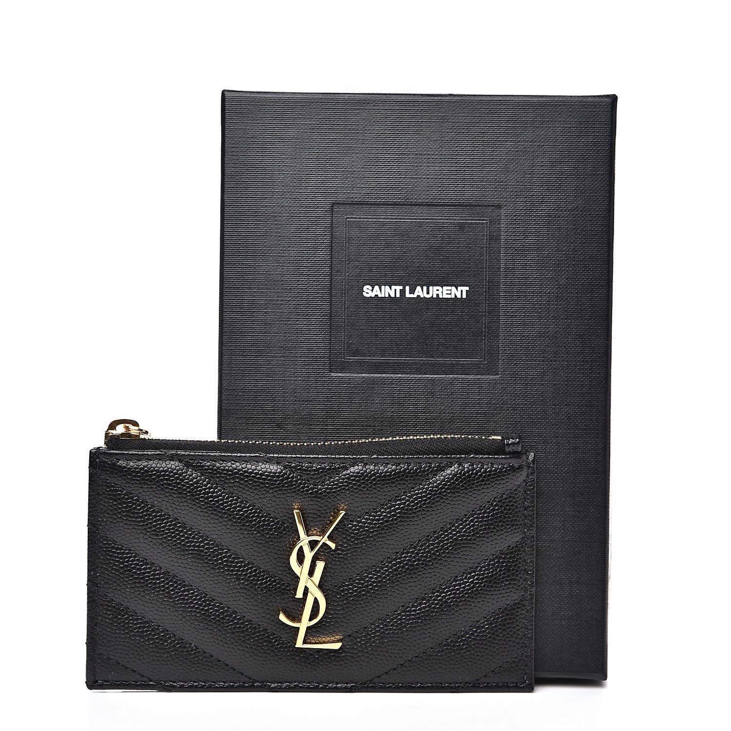 Saint Laurent Grain De Poudre Matelasse Chevron Monogram Fragments Zippered Card Case Black 9 of 9