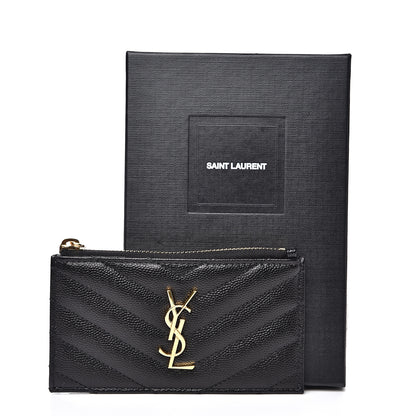 Saint Laurent Grain De Poudre Matelasse Chevron Monogram Fragments Zippered Card Case Black 9 of 9