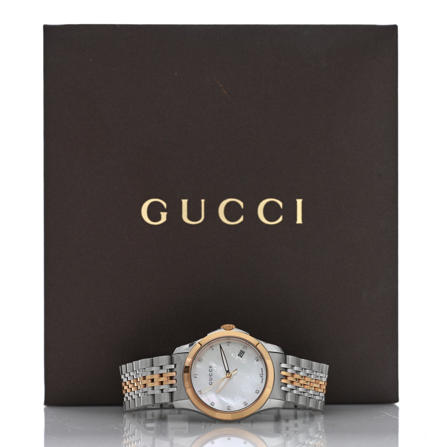 Gucci Stainless Steel Diamond Mother of Pearl 27mm G-Timeless Two Tone Quartz Watch 5 of 5
