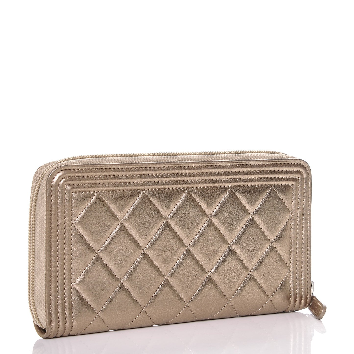 Metallic Calfskin Quilted Boy Zip Around Wallet Gold