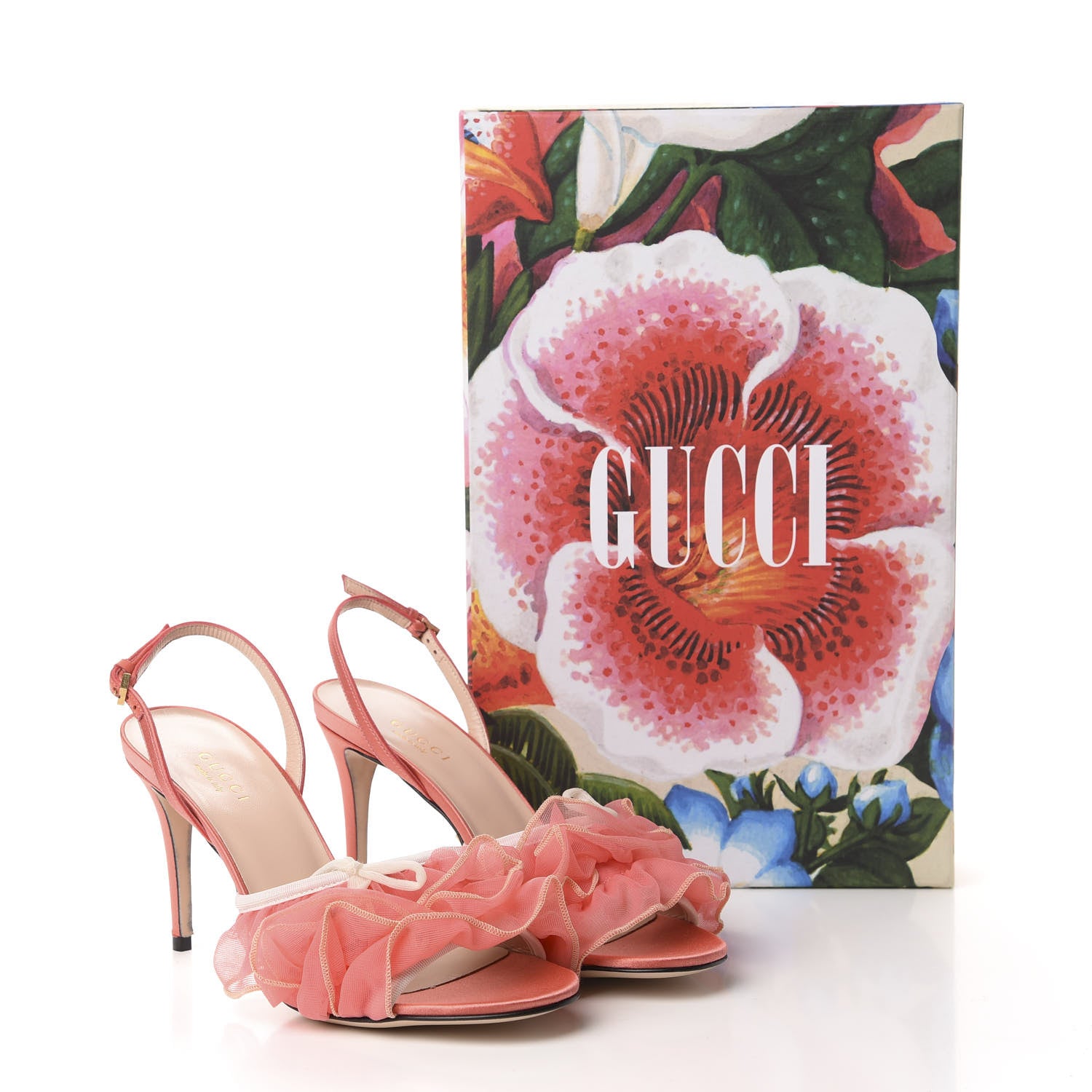 Gucci Tulle Ruffle Mid Heel Slingback Sandals 36 Peach White 10 of 10