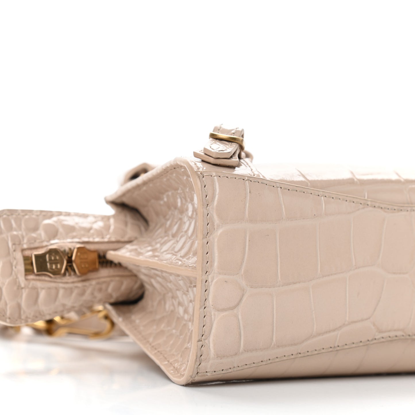 Shiny Supple Calfskin Crocodile Embossed Neo Classic Gold Hardware Nano City Crossbody Light Beige
